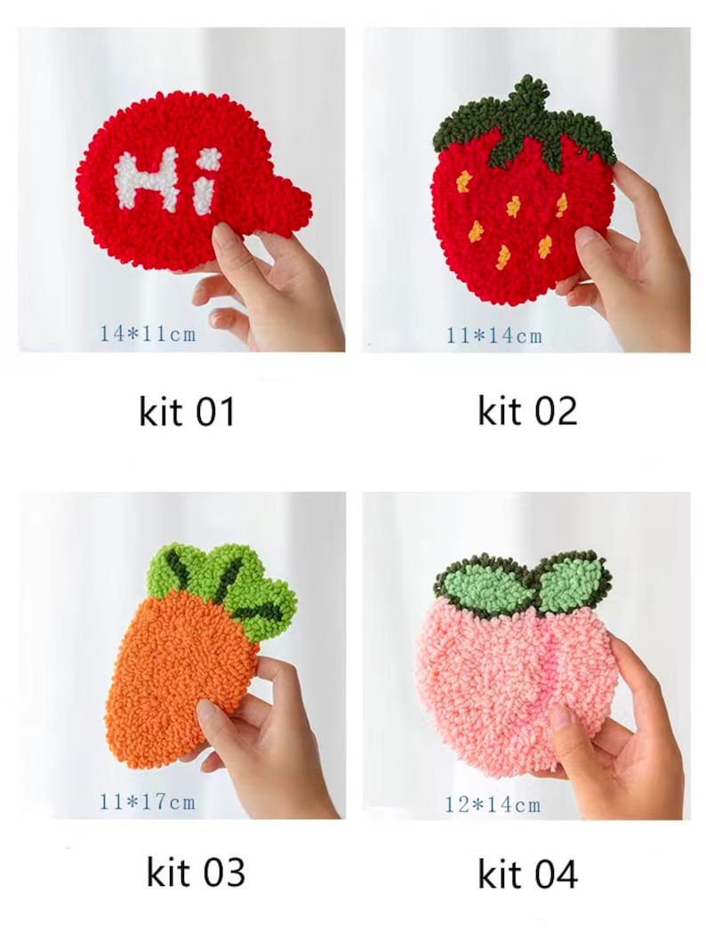 May include: Four DIY punch needle kits featuring different designs: a red speech bubble with the word "Hi", a red strawberry, an orange carrot, and a pink peach. Each kit includes yarn and a pre-punched canvas.