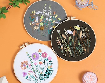 花柄の初心者向け刺繍キット3点セット、初心者向け刺繍キット、クロスステッチ刺繍キット、手刺繍キット、ニードルポイント、DIYクラフト