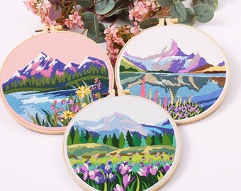 Beautiful Mountain Lake Full Embroidery Kit | Modern Embroidery Kit with Embroidery Pattern |Needlepoint Hoop Art| DIY Craft HandEmbroidery