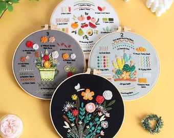 Kit de 4 piezas para principiantes - Muestrario de puntadas de bordado a mano - Kit de inicio de bordado - Kit de bordado para principiantes - Patrón de bordado - Regalo de cumpleaños - Hecho a mano