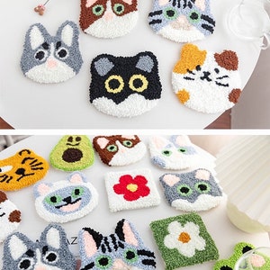 May include: A collection of colorful, handmade felt animal and flower coasters. The coasters feature a variety of animals, including cats, dogs, and a frog, as well as a flower with a yellow center.