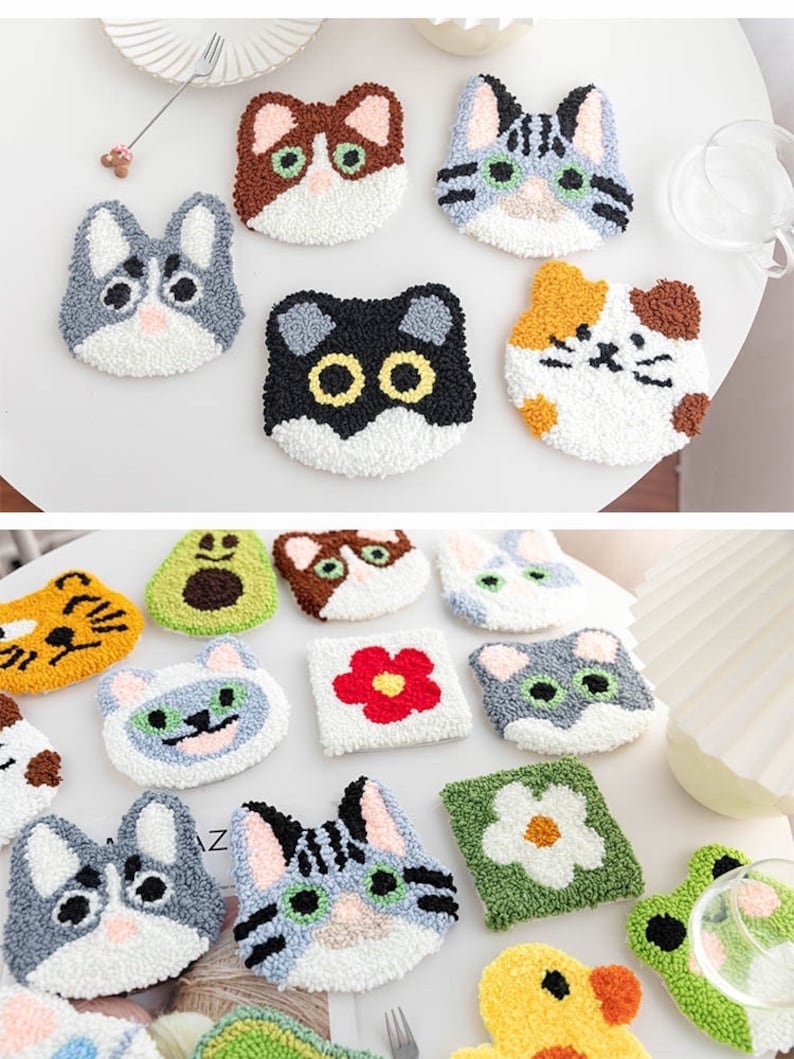 May include: A collection of colorful, handmade felt animal and flower coasters. The coasters feature a variety of animals, including cats, dogs, and a frog, as well as a flower with a yellow center.