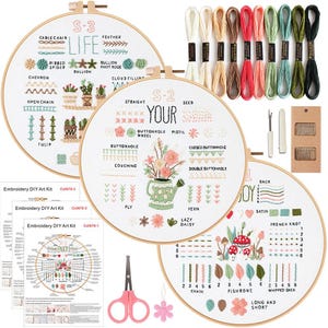 Könnte beinhalten: DIY-Stick-Kunst-Set mit drei Holzreifen, die verschiedene Stichbeispiele zeigen, darunter Kettstich und französischer Knoten. Das Set enthält Stickgarn, Schere, Nadeln und Anleitungen. Maße in cm.