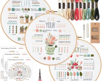 May include: Embroidery DIY art kit with three wooden hoops showcasing various stitch examples, including cable chain and French knot. The kit includes embroidery floss in multiple colors, scissors, needles, and instructions.