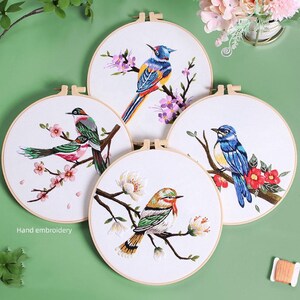 Bird Flower Embroidery Kit For Beginner | Modern Embroidery Kit with Pattern |Floral Embroidery Full Kit with Needlepoint Hoop|DIY Craft Kit