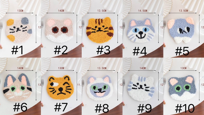Op de afbeelding: Tien verschillende pluche onderzetters in de vorm van een kat, elk met een uniek ontwerp en kleur. De onderzetters zijn ongeveer 13-14 cm in diameter en tonen verschillende kattenrassen, waaronder tabby, calico en Siamese.