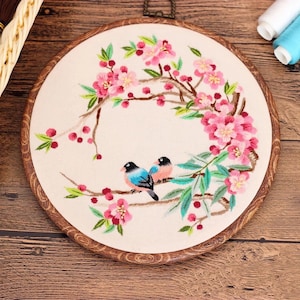 Embroidery Kit For Beginner|Modern Crewel Embroidery Kit with Pattern| Embroidery Hoop Cherry Blossom |Craft Materials Included Full DIY KIT