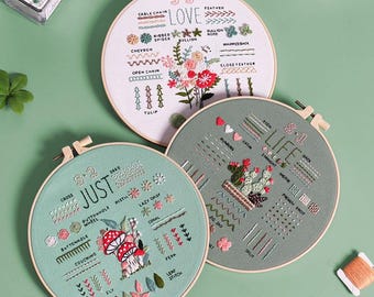 Lot de 3 kits de broderie pour débutants DIY - Motif floral de fleurs - Tissu pré imprimé