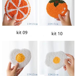 May include: Four DIY punch needle kits featuring different designs: an orange slice, a persimmon, a heart-shaped fried egg, and a round fried egg. Each kit includes a pre-printed canvas, yarn, and a needle. The kits are labeled with the numbers 09, 10, 11, and 12.