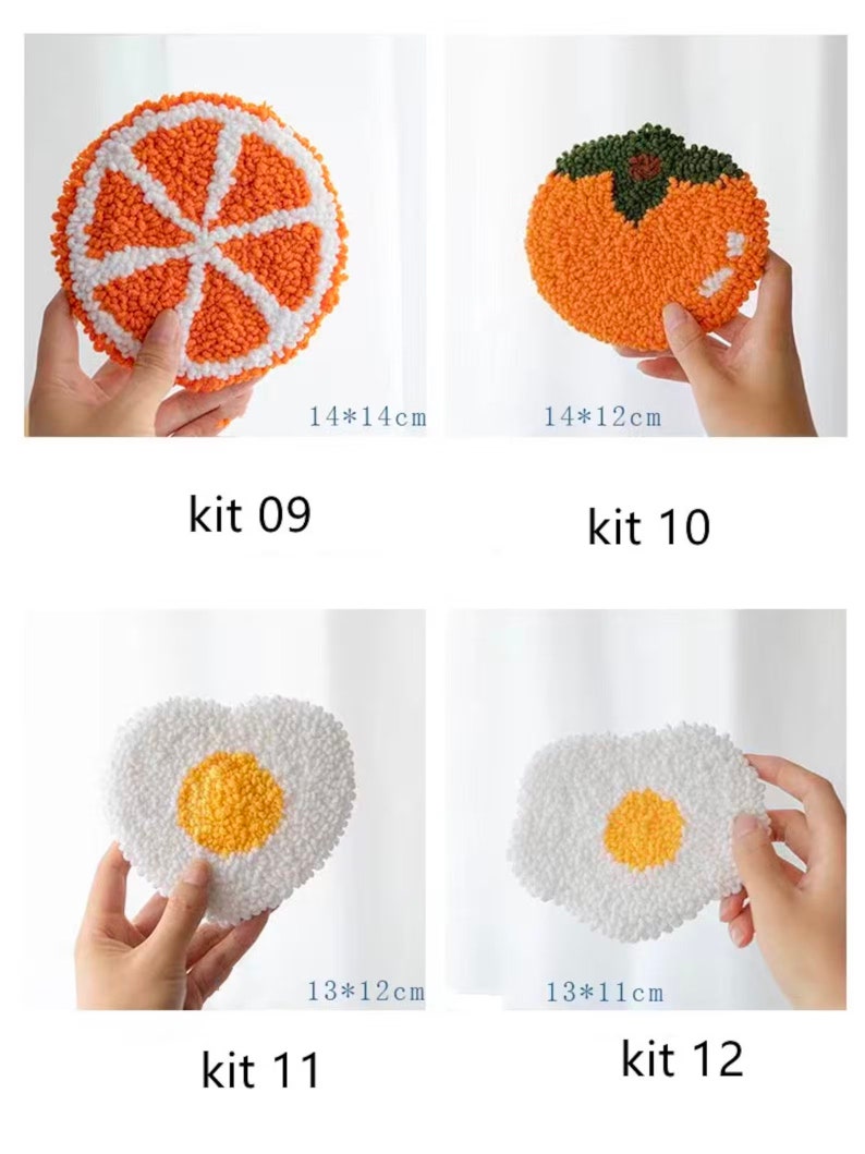 May include: Four DIY punch needle kits featuring different designs: an orange slice, a persimmon, a heart-shaped fried egg, and a round fried egg. Each kit includes a pre-printed canvas, yarn, and a needle. The kits are labeled with the numbers 09, 10, 11, and 12.