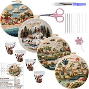 Può includere: Un kit per ricamo con quattro telai ricamati con scene di paesaggi, più filo da ricamo, aghi, forbici e uno scucitore. I telai raffigurano scene di spiaggia, montagna e tropicali con cuciture dettagliate.