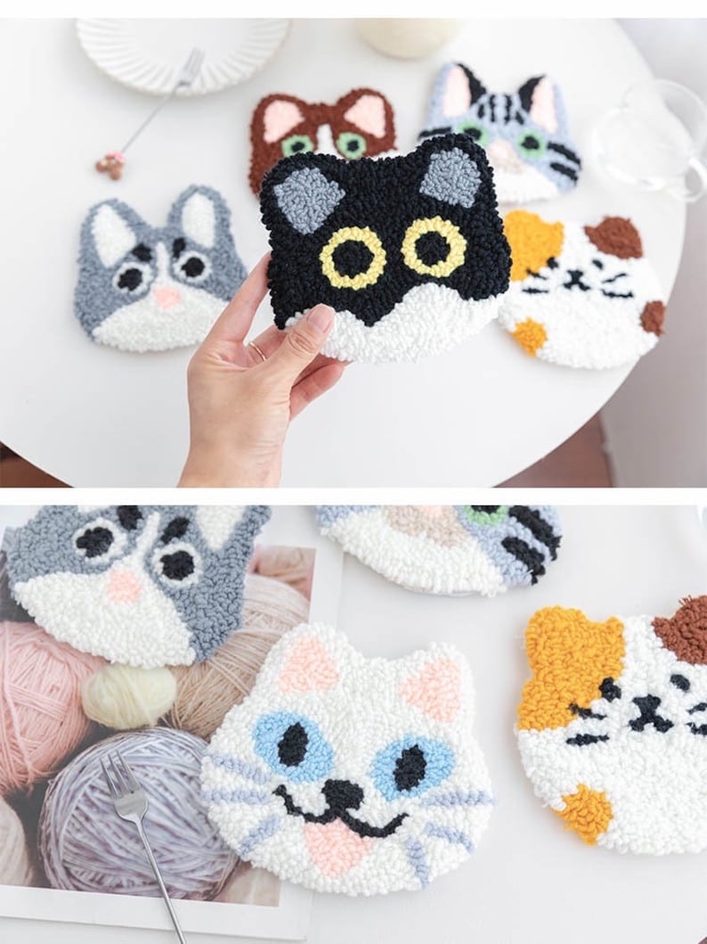 May include: A set of six colorful cat-shaped needle felted coasters. The coasters are made of wool and have different colored fur, eyes, and noses.