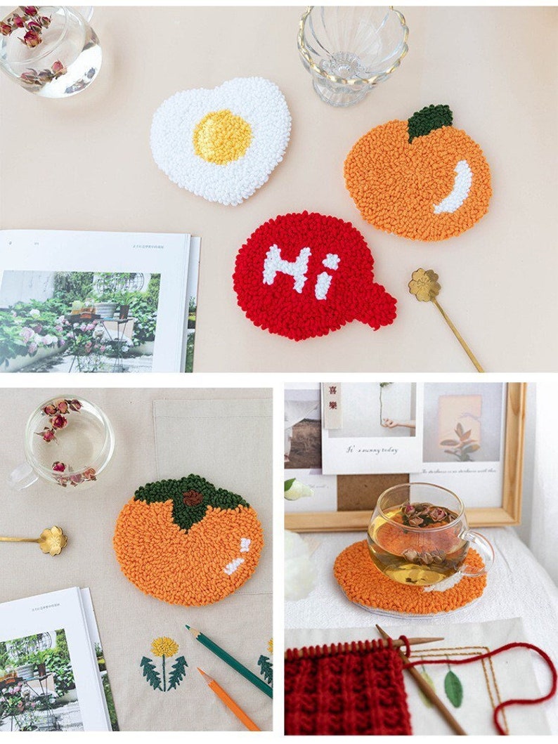 May include: Four colorful handmade coasters with different designs. The coasters are made of yarn and feature a heart-shaped fried egg, a round orange, a speech bubble with the word "Hi", and a round persimmon.