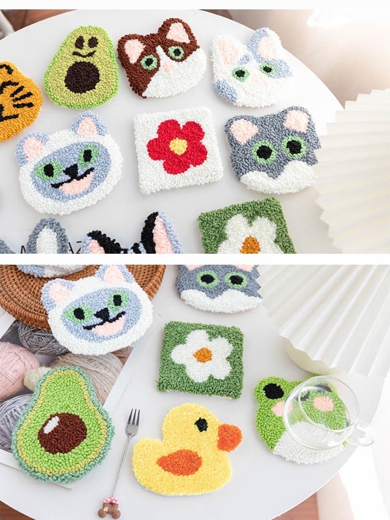 May include: A set of 11 colorful, handmade, crocheted coasters featuring various designs, including cats, flowers, avocados, a duck, and a frog. The coasters are made with soft, fluffy yarn and are perfect for adding a touch of whimsy to any home.