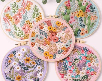 Floral Beginner Embroidery Kit | Modern Flower Plant Hand Embroidery Full Kit | DIY Floral Needlepoint Hoop Wall Art Kit| Embroidery Kit DIY