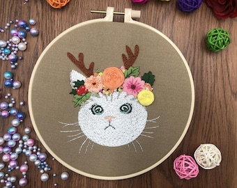 Cat Embroidery Kit For Beginner | Modern Embroidery Kit with Pattern | Flowers Embroidery Full Kit with Needlepoint Hoop| DIY Craft
