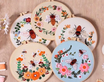Bees and Flowers Embroidery Kit For Beginner | Modern Embroidery Kit with Pattern | Embroidery Full Kit with Needlepoint Hoop| DIY Craft Kit
