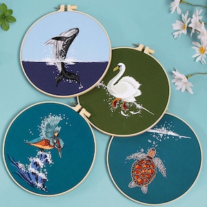 Sea Embroidery Kit | Modern Crewel Embroidery Kit with Pattern | Embroidery Full Kit with Needlepoint Hoop| DIY Craft Kit | Stitch kit set