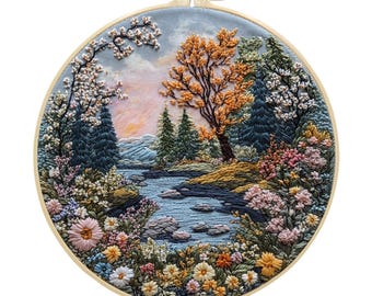 May include: A detailed embroidery hoop art piece depicting a serene landscape. The scene includes a river, trees with orange and green foliage, and various colorful flowers. The artwork is set against a light blue background, creating a vibrant and textured piece.