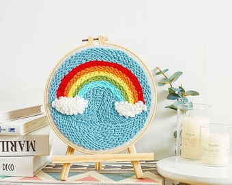 Rainbow clouds beginner punch needle kits, DIY embroidery kit, punch needle kit with yarn, punch needle pattern, rug hook design kit