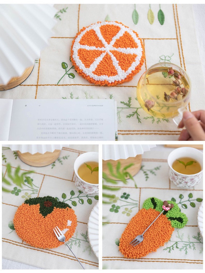 May include: Three handmade orange fruit-shaped coasters with white and green accents. The coasters are made with a punch needle technique and are perfect for adding a touch of whimsy to your home decor.