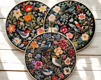 May include: Three round embroidery hoops with intricate floral and bird designs. Each features a black background with colorful flowers and detailed birds in various poses. The hoops are set against a light wood grain surface.