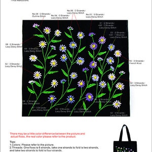 May include: Embroidery DIY art kit featuring a black cloth with a floral design of white, blue, and purple daisies. The kit includes pre-printed cloth, embroidery threads, needles, and instructions. A tote bag with the same floral design is also shown.