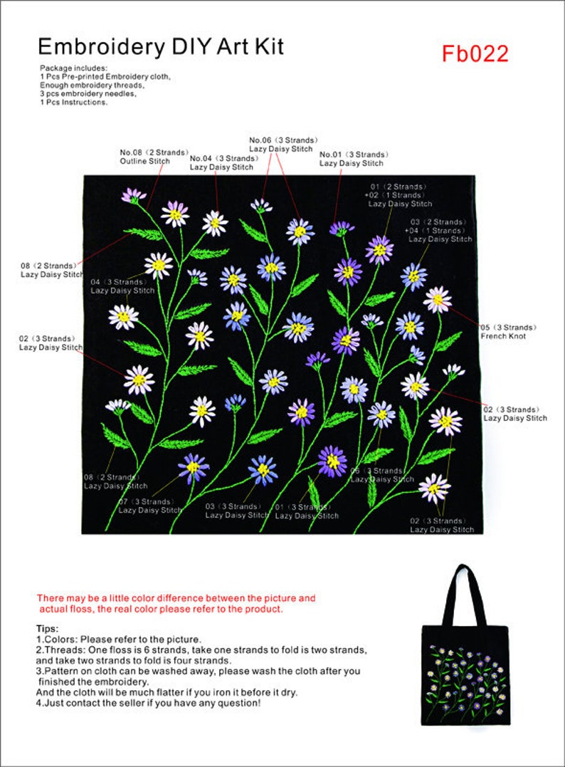 May include: Embroidery DIY art kit featuring a black cloth with a floral design of white, blue, and purple daisies. The kit includes pre-printed cloth, embroidery threads, needles, and instructions. A tote bag with the same floral design is also shown.