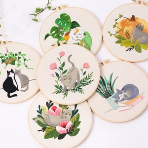 Cat Embroidery Kit For Beginner | Modern Embroidery Kit with Pattern |Embroidery Full Kit with Needlepoint Hoop| DIY Craft Kit