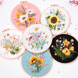 Embroidery Kit For Beginner | Modern Crewel Embroidery Kit with Pattern | Floral Embroidery Full Kit with Needlepoint Hoop| DIY Craft Kit