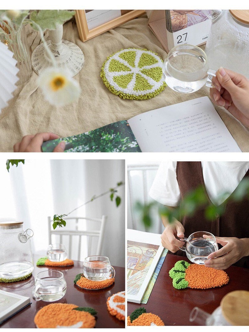 May include: Two sets of colorful crocheted coasters, one set is lime green and white and the other is orange and green. The coasters are shaped like fruit, one is a lime and the other is an orange. The coasters are on a wooden table with a glass of water on top of each coaster.