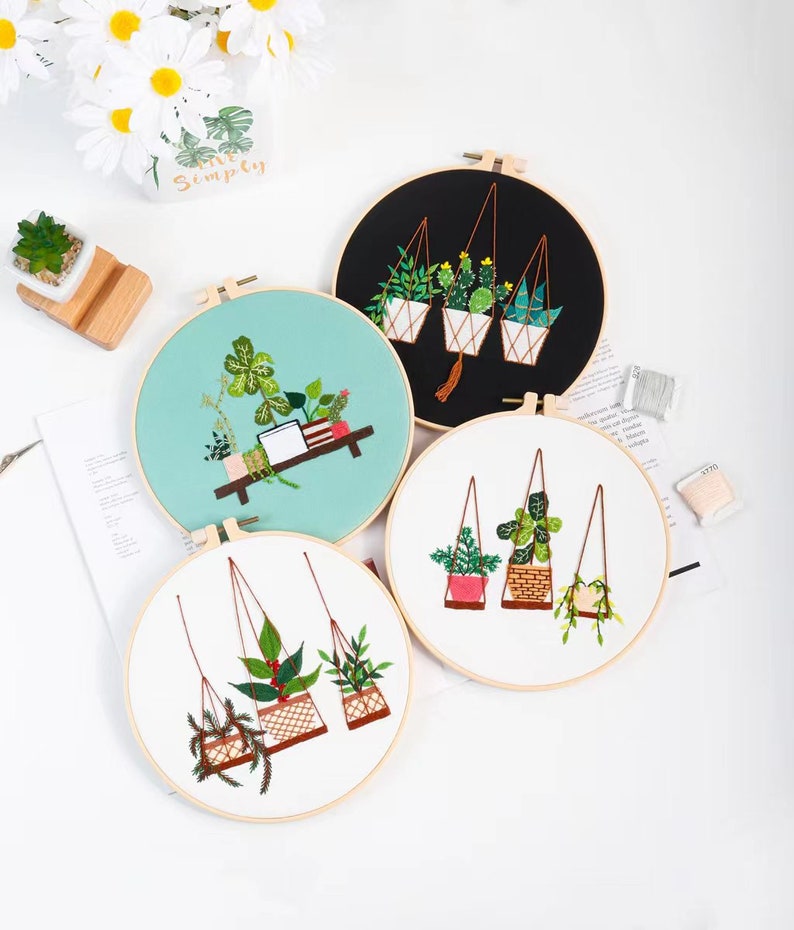 Embroidery Kit For Beginner Modern Embroidery Kit with Pattern Flowers Embroidery Full Kit with Needlepoint Hoop DIY Craft Kit image 4