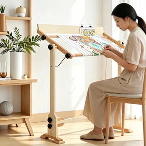 May include: A light-coloured wooden embroidery floor stand featuring an adjustable frame with black tension knobs. The stand holds a piece of fabric with a colourful needlepoint design, secured by metal clips at the top, providing a stable workspace.