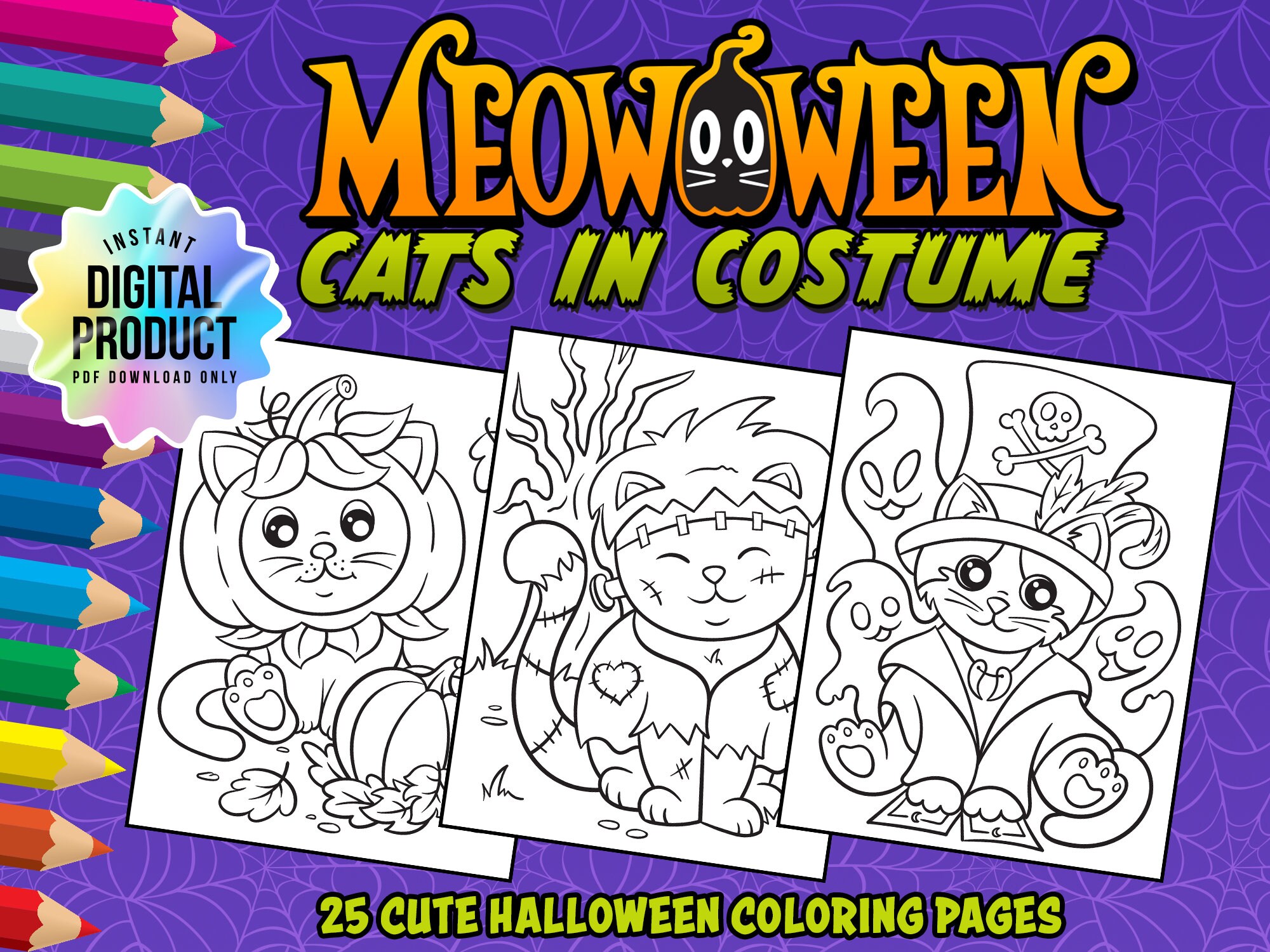 Meowoween Katzen in Kostüm: Niedliche Künstler Illustrierte Halloween Malseiten