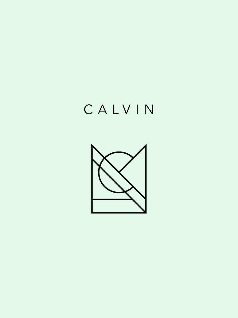 May include: A black and white geometric logo with the word "CALVIN" above it. The logo is a stylized letter "C" with a circle and lines.