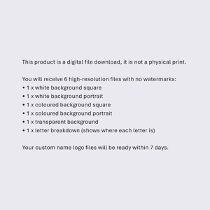 May include: Text explaining that this product is a digital file download and not a physical print. It also lists the six high-resolution files included in the download: a white background square, a white background portrait, a colored background square, a colored background portrait, a transparent background, and a letter breakdown.