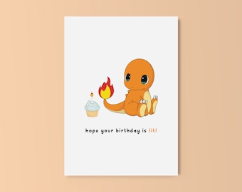 Charmander Pokemon Birthday Card, Cute Greeting Card, Blank Inside, Envelope Included