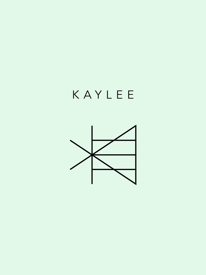 May include: A black and white geometric logo with the word "KAYLEE" above it. The logo is a stylized design of a vertical line with a triangle and horizontal lines.