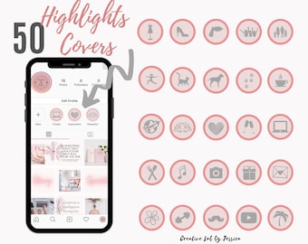 May include: A collection of 50 pink and gray Instagram highlight covers with various icons. The icons include a dress, shoe, crown, family, yoga pose, cat, dog, paw prints, coffee cup, globe, lotus flower, heart, champagne flutes, laptop, crossed fork and knife, music note, camera, gift box, envelope, flower, dumbbell, mustache, play button, and palm tree.