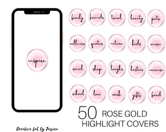 Pode incluir: 50 capas de destaque em ouro rosa para Instagram. As capas apresentam um fundo de aquarela rosa com contorno dourado e várias etiquetas de texto, como "família", "amigos", "viagens", "beleza", "animais de estimação", "bem-estar", "citações", "natureza", "crianças", "música", "inspirar", "social", "loja", "risos", "melhores amigos", "exercício", "escola", "amor", "trabalho", "presentes" e "comida".