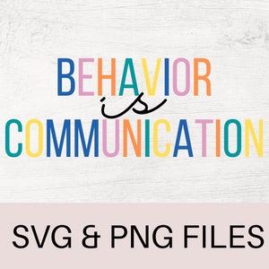 May include: Colorful text graphic on a white wood background. The text reads "Behavior is Communication".