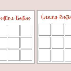May include: Printable bedtime and evening routine checklists with blank boxes for writing in activities. The checklists are in a simple black and white design with the words "Bedtime Routine" and "Evening Routine" in red.