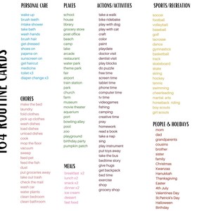 May include: A colorful chart with a list of daily routines divided into categories: Personal Care, Places, Actions/Activities, Sports/Recreation, Chores, Meals, People & Holidays. The chart is designed to help people create a daily routine.