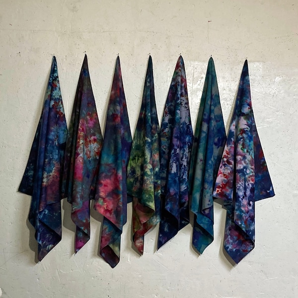 Blue with Multicolor Bandana Hand Ice Dye 27in Scarf Art Wearable 100%Cotton Sustainable Fine Fabric Indigo Cobalt Royal Fuchsia Yellow Teal