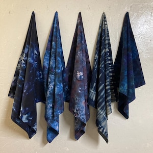 24&quot; Blue Bandana Sewn by Me on Repurposed 100%Cotton Fine Fabric Hand Tie Dye Swirly 27&quot; Blue Kerchief Deep Blue Dark Indigo Sapphire Cobalt