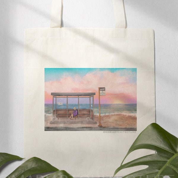 Korean Scenery Tote Bag + A5 Art Print/ BTS-Spring Day, Jumunjin Beach Drawing/Korean Art /Illustration/Organic Printed Cotton Tote Bag