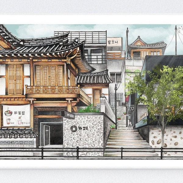 Korean Street Scenery / Seoul Korea Architecture Drawing/Korean Wall Art /Hanok in Seoul Illustration / A4 A5 Digital Art Print