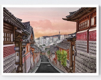 Korean art / Seoul Street / Bukchon Hanok Village/Seoul skyline,Korean Wall Art /Watercolour Illustration/A4 A5 Digital Art Print