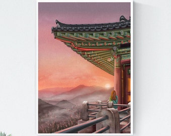 Korean art/The Land Of The Morning Calm/Korean Traditional Scenery/Sunset Sky/Asian Wall Art /Korean Home Decor/A4 A5 Digital Art Print