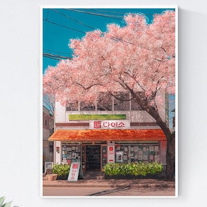 Tienda coreana Daiso/Fachada de tienda linda/Sping en Seúl, árbol de flor de cerezo/Corea del Sur/Arte de pared de Asia/Decoración del hogar/Ilustración A4 A5